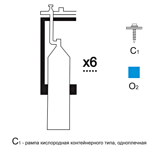 Газовая рампа кислородная РКР-  6с1 (6 бал.,одноплеч.,редук.РКЗ-500) стационарн.